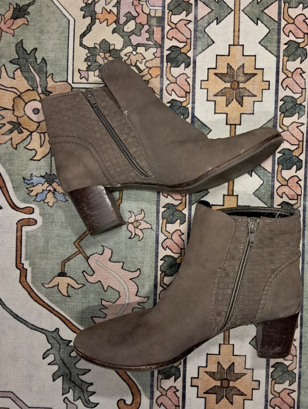 Jack Rodgers Classic Suede Ankle Boots - Side Zip Block Heel Woven Detail